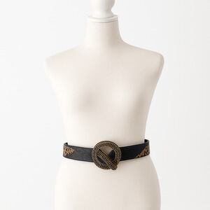 Chicos Genuine Leather Belt M/L Black Brown Leopard Embossed Brass Circle Buckle